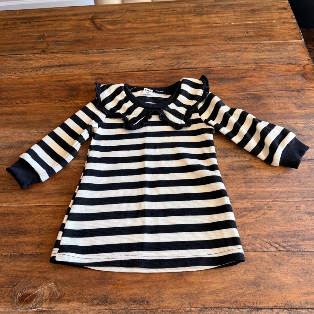 SHEIN Girls Black White Striped Ruffle Collar Long Sleeve Dress 12-18M